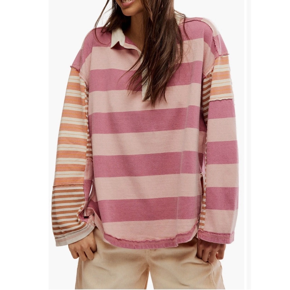 Free People Aster Stripe Oversized Long Sleeve Polo